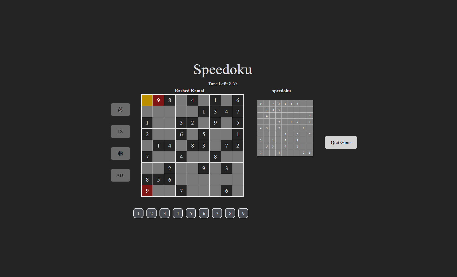 Speedoku game dashboard
